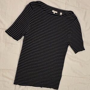 Vince Navy Striped Short Sleeve Rib Knit Top | 100% Cotton